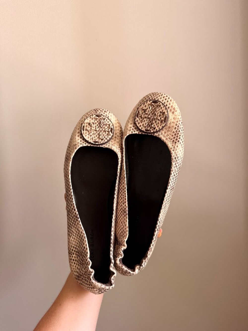 Tory Burch Reva Snake Print Leather Logo Ballet Flats 6 1/2